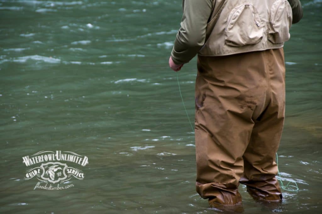 Person in chest waders stands in a river while fly fishing, holding a fishing line. Waterfowl Unlimited Guide Services logo is visible on the image.