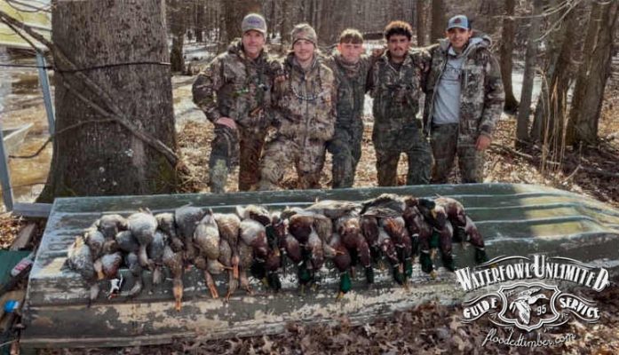 Five hunters in camouflage pose behind a row of ducks laid out on a boat in a wooded, wetland area. "Waterfowl Unlimited Guide Service" logo is in the bottom right corner.