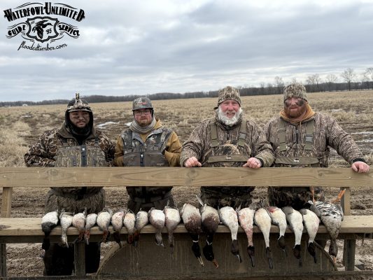 Four hunters in camouflage pose behind a wooden bench displaying an array of harvested ducks and geese in a field; "Waterfowl Unlimited Guide Service" logo is in the top left corner.
