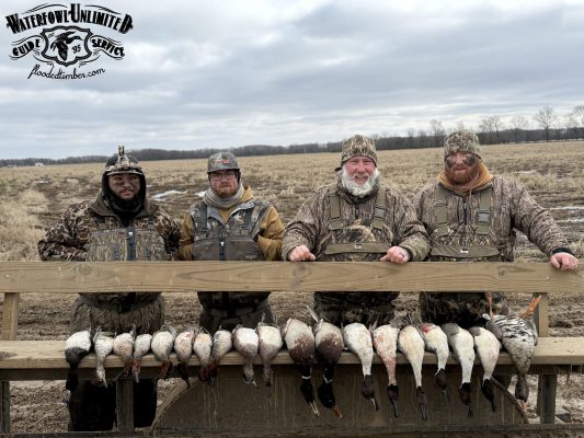 Four hunters in camouflage pose behind a wooden bench displaying an array of harvested ducks and geese in a field; "Waterfowl Unlimited Guide Service" logo is in the top left corner.