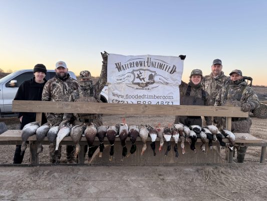 Six people in camouflage clothing stand behind a bench displaying various hunted waterfowl, holding a "Waterfowl Unlimited" banner outdoors by parked vehicles.