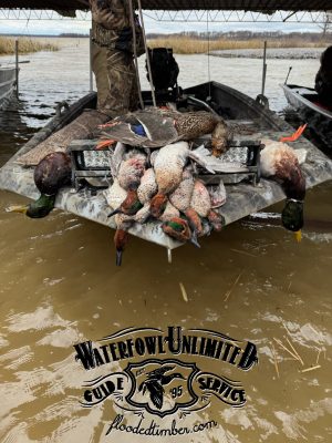 A group of ducks hangs on the front of a camouflaged boat in the water, with the "Waterfowl Unlimited Guide Service" logo visible in the foreground.