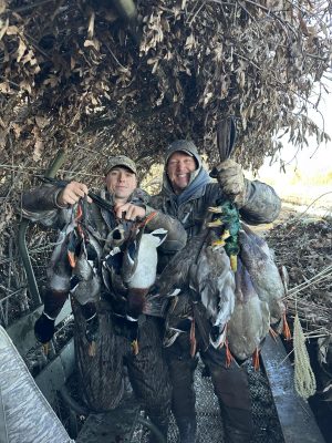 Two people in camouflage clothing stand in a duck blind, each holding several harvested ducks, surrounded by dried foliage.